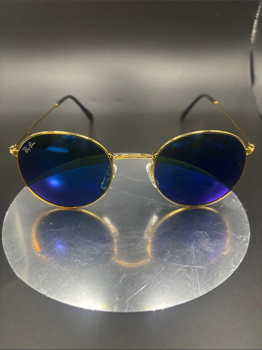 Ray-Ban RB3447 Round Gold Sunglasses Blue Green Mirror Lenses